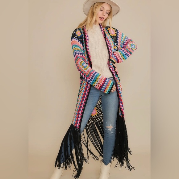 Sweet Generis M/L Black Multi Crochet Fringe Cardigan Grannycore Cottagecore - Picture 2 of 3
